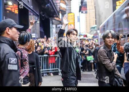 New York, USA. 18th Apr 2019. Members of the South Korean band NCT 127 are seen in the Times Square area of New York on Thursday. (PHOTO: VANESSA CARVALHO/BRAZIL PHOTO PRESS) Credit: Brazil Photo Press/Alamy Live News Stock Photo