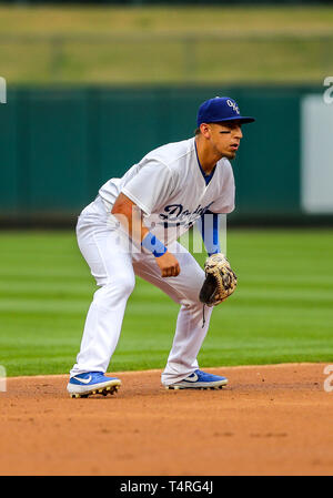 April 16, 2019: Oklahoma City Dodgers pitcher Stetson Allie (14) during a  baseball game between the Omaha Storm Chasers and the Oklahoma City Dodgers  at Chickasaw Bricktown Ballpark in Oklahoma City, OK.