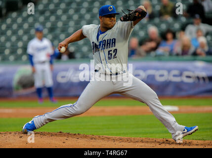 April 16, 2019: Oklahoma City Dodgers pitcher Stetson Allie (14) during a  baseball game between the Omaha Storm Chasers and the Oklahoma City Dodgers  at Chickasaw Bricktown Ballpark in Oklahoma City, OK.