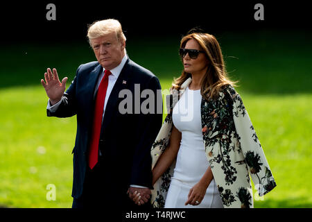 Washington, DC, USA. 18th Apr, 2019. U.S. President Donald Trump (L) and first lady Melania Trump depart the White House in Washington, DC, the United States, on April 18, 2019. Credit: Ting Shen/Xinhua/Alamy Live News Stock Photo