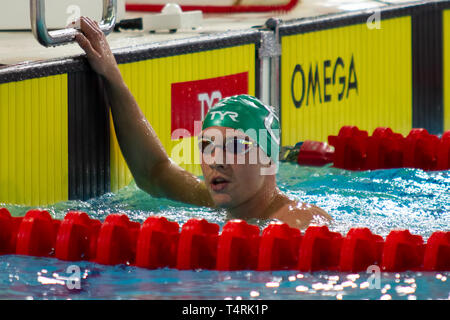 Daniel Jervis (Swansea University) reacts after winning the men's open 1,500 metres freestyle last heat, during Day 3 of the 2019 British Swimming Championships, at Tollcross International Swimming Centre. Stock Photo