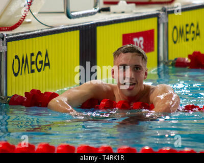 Daniel Jervis (Swansea University) reacts after winning the men's open 1,500 metres freestyle last heat, during Day 3 of the 2019 British Swimming Championships, at Tollcross International Swimming Centre. Stock Photo