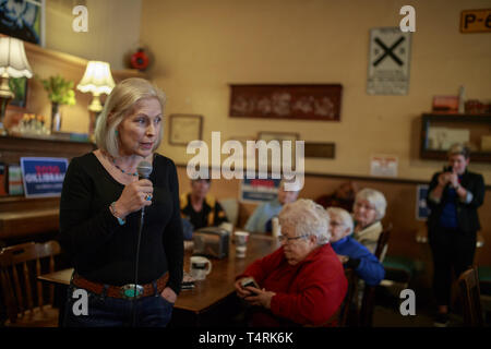 Creston, Iowa, USA. 18th Apr, 2019. New York Democratic Senator Kirsten Gillibrand campaigns for President of the United States as she speaks during a ''listening tour'' stop at at the Adams Street Espresso & Soda Shoppe in Creston, Iowa. More than a dozen Democratic party candidates are campaigning in the state of Iowa to win the Iowa Democratic Caucuses February 3, 2020. Credit: ZUMA Press, Inc./Alamy Live News Stock Photo