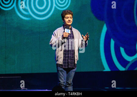 Tacoma, Washington, USA. 18th Apr, 2019. Actor Gaten Matarazzo speaks during WE Day: Washington at The Tacoma Dome on April 18th, 2019 in Tacoma, Washington. Photo: Xander Deccio/ImageSPACE/MediaPunch Credit: MediaPunch Inc/Alamy Live News Stock Photo