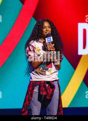 Tacoma, Washington, USA. 18th Apr, 2019. Singer Ciara speaks during WE Day: Washington at The Tacoma Dome on April 18th, 2019 in Tacoma, Washington. Photo Xander Deccio/ImageSPACE/MediaPunch Credit: MediaPunch Inc/Alamy Live News Stock Photo