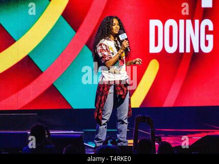 Tacoma, Washington, USA. 18th Apr, 2019. Singer Ciara speaks during WE Day: Washington at The Tacoma Dome on April 18th, 2019 in Tacoma, Washington. Photo: Xander Deccio/ImageSPACE/MediaPunch Credit: MediaPunch Inc/Alamy Live News Stock Photo