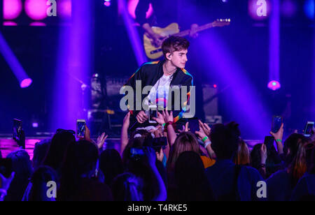 Tacoma, Washington, USA. 18th Apr, 2019. Singer Johnny Orlando performs during WE Day: Washington at The Tacoma Dome on April 18th, 2019 in Tacoma, Washington. Photo: Xander Deccio/ImageSPACE/MediaPunch Credit: MediaPunch Inc/Alamy Live News Stock Photo