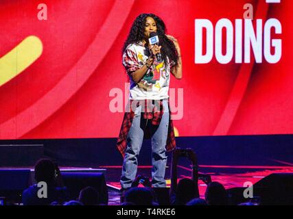 Tacoma, Washington, USA. 18th Apr, 2019. Singer Ciara speaks during WE Day: Washington at The Tacoma Dome on April 18th, 2019 in Tacoma, Washington. Photo: Xander Deccio/ImageSPACE/MediaPunch Credit: MediaPunch Inc/Alamy Live News Stock Photo