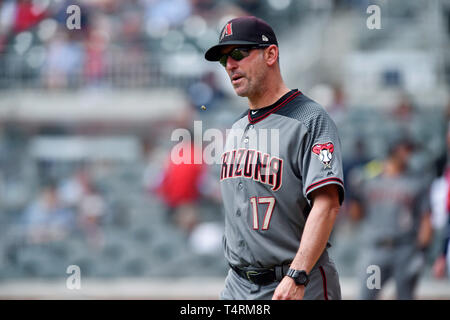 Atlanta, GA, USA. 19th Apr, 2019. Arizona Diamondbacks manager Torey Lovullo walks out onto the field during a challenged call during the third inning of a MLB game agains the Atlanta Braves at SunTrust Park in Atlanta, GA. Austin McAfee/CSM/Alamy Live News Stock Photo