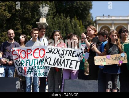 Rome, Italy. 19th Apr, 2019. Swedish environmental activist Greta Thunberg speaks on stage during the FridayForFutureRoma demonstration to demand action on climate change. Credit: Riccardo De Luca - Update Images / Alamy Live News Stock Photo