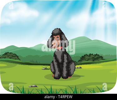 Dog Sitting On Grass Near Mountain illustration Stock Vector