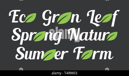 Labels with green leafs, Eco, Green, Leaf and Spring, Nature, Samer and Farm on Dark background. Style design element for decoration of Banners, Logo  Stock Vector