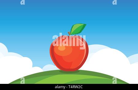 Nature Landscape background with Big red Apple on green field under blue daily clear sky. Stock Vector