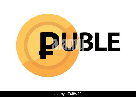 Rouble and golden coin with symbol of russian currency. Caption isolated on white background. Stock Vector