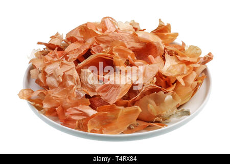 Dry onion peel is used to treat hemorrhoids and paint in red colors  of  Easter eggs. Isolated on white studio macro shot Stock Photo