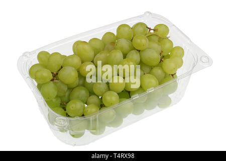 Green  sweet grapes berries  in a clear plastic container.Isolated with patch  studio macro shot Stock Photo