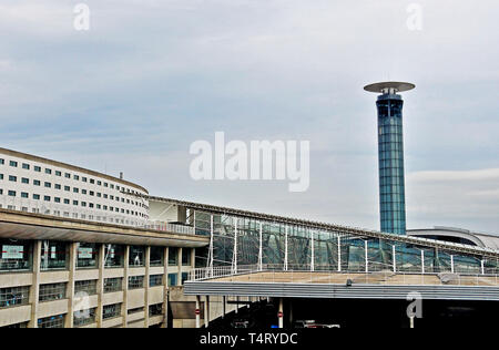 Control tower, Sheraton hotel and railway station, Roissy Charles de Gaulle international airport, terminal 2, Paris, France Stock Photo