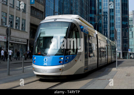 A West Midlands Metro tram in Birmingham city centre, England, UK Stock Photo