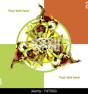Vector ornament is the shape of a trefoil of stylized figures of a woman. The composition is centric, the colors are juicy, festive. Template for the  Stock Vector