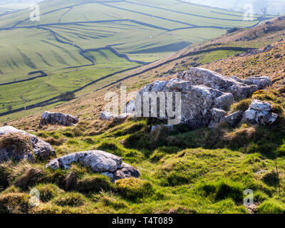 View of dry stone walls and fields in Malhamdale from above Gordale Scar near Malham Yorkshire Dales England Stock Photo