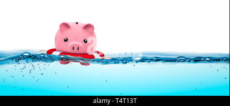 Piggy Bank In Life-ring Floating On Water - Financial Security Concept Stock Photo