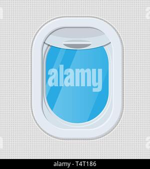 Window from inside the airplane. Aircraft porthole shutter. Air journey or vacation concept. Vector illustration in flat style Stock Vector
