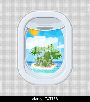 Window from inside the airplane. Aircraft porthole shutter. Tropical island with palm tree in ocean. Air journey or vacation concept. Vector illustrat Stock Vector