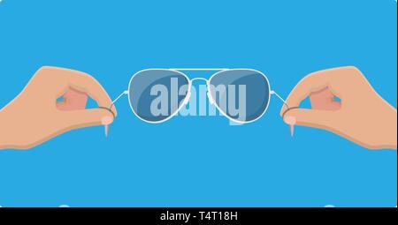 Aviator sunglasses in hand. Protective eyewear. Vector illustration in flat style Stock Vector