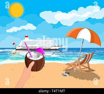 Coconut with cold drink, cocktail in hand. Landscape of wooden chaise lounge, umbrella, flip flops on beach. Cruise liner ship. Sun with reflection in Stock Vector
