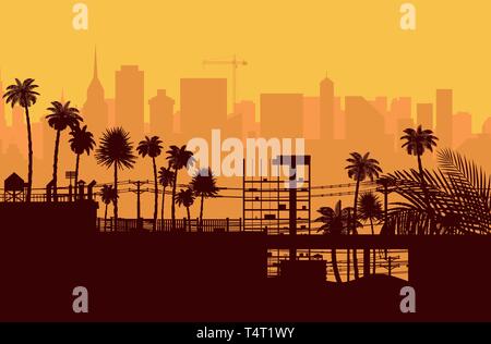 City skyline silhouette at sunset. Skyscappers, towers, office and residental buildings. Palm tree and cityscape under sunrise sky. Vector illustratio Stock Vector