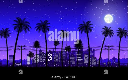 City skyline silhouette at dusk. Skyscappers, towers, office and residental buildings. Cityscape under night sky, moon and palm tree. Vector illustrat Stock Vector