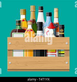 Alcohol drinks collection in box. Bottles with vodka champagne wine whiskey beer brandy tequila cognac liquor vermouth gin rum absinthe sambuca cider  Stock Vector