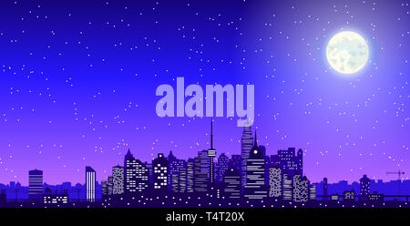 City skyline silhouette at dusk. Skyscappers, towers, office and residental buildings. Cityscape under night sky and moon. Vector illustration Stock Vector