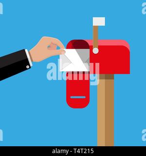 Red opened mailbox with regular mail inside. Post and mail, correspondence. Hand with envelope. Vector illustration in flat design Stock Vector