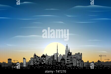 City skyline silhouette at sunset. Skyscappers, towers, office and residental buildings. Cityscape under sky, clouds and sun. Vector illustration Stock Vector