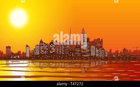 City skyline silhouette at sunset. Skyscappers, towers, office and residental buildings. Sea and cityscape under sunrise sky. Vector illustration Stock Vector