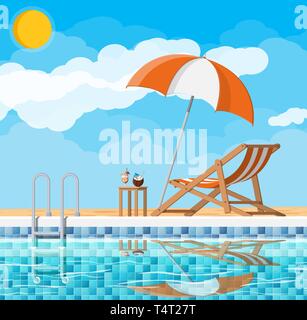Swimming pool and ladder. Umbrella, wooden lounger. Table with coconut and cocktail. Sky, clouds, sun. Vacation and holiday concept. Vector illustrati Stock Vector