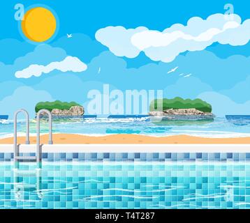Swimming pool and ladder. Ocean and islands. Sky, clouds, sun. Vacation and holiday concept. Vector illustration in flat style Stock Vector