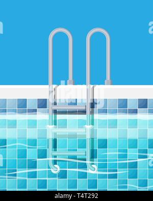 Swimming pool and ladder. Blue tiles and metal ladder. Holiday resort, spa, sport, rest, pool party. Vector illustration in flat style Stock Vector