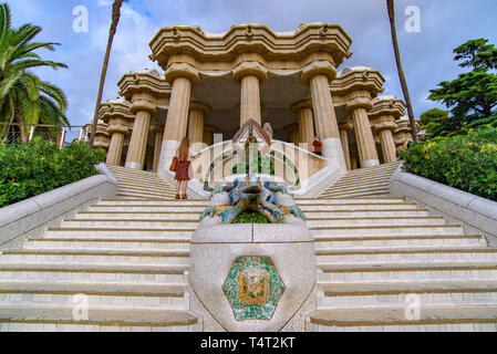 The dragon and the staircase of Park Guell in Barcelona, Spain Stock Photo