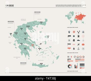 Vector map of Greece.  High detailed country map with division, cities and capital Athens. Political map,  world map, infographic elements. Stock Vector