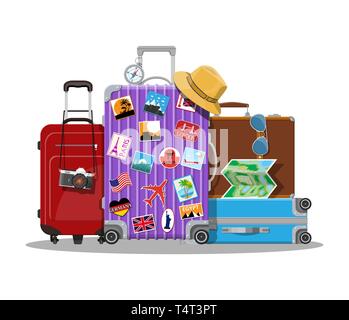 Vintage and modern travel bag. Plastic case with wheels. Hat, photo camera, eyeglasses, paper map, compass. Labels places all over the world. Baggage  Stock Vector