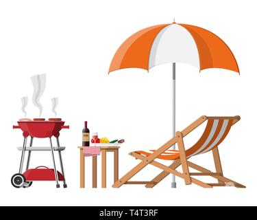 Bbq party. Sun lounger, table with bottle of wine, vegetables and cheese, electric grill with barbecue and umbrella. Cooking steak, meat and sausages, Stock Vector