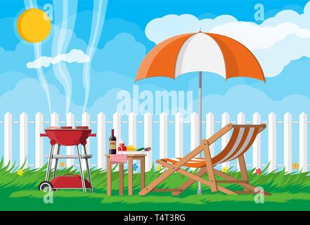 Bbq party. Sun lounger, table with bottle of wine, vegetables and cheese, electric grill with barbecue and umbrella. Cooking steak, meat and sausages, Stock Vector