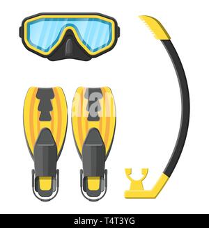 Diving mask, flippers and snorkel. Diving equipment. Scuba, snorkeling. Goggles and pipe. Vector illustration in flat style Stock Vector
