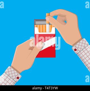 Hand with cigarette package. Unhealthy lifestyle. No smoking. Rejection, proposal smoke. Vector illustration in flat style. Stock Vector