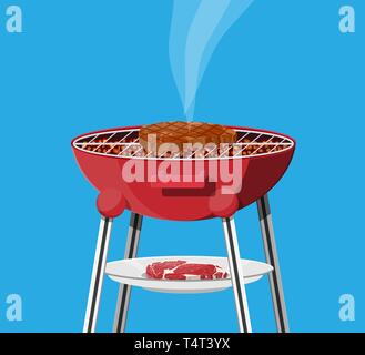 Round barbecue grill. Bbq icon. Electric grill. Device for frying food. Fresh meat and steak. Vector illustration in flat style Stock Vector
