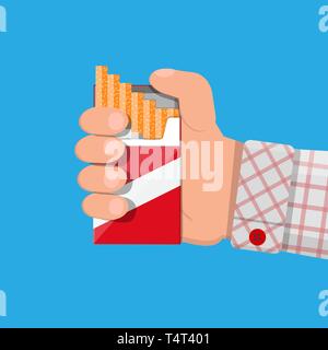Hand with cigarette package. Unhealthy lifestyle. No smoking. Rejection, proposal smoke. Vector illustration in flat style. Stock Vector