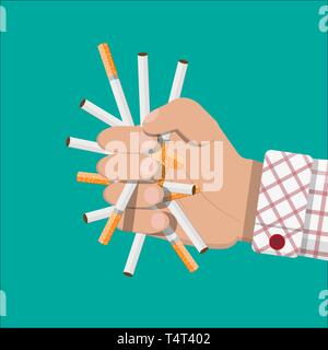 Tobacco abuse concept. Hand breaks cigarettes. No smoking. Rejection, proposal smoke. Vector illustration in flat style. Stock Vector