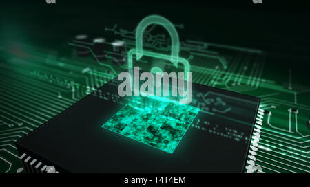 Cyber security concept with padlock hologram over working cpu in background. Futuristic circuit board. Digital protection, cyberspace, firewall and co Stock Photo